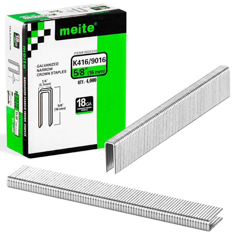 meite 18 Gauge 1/4-Inch Narrow Crown Staples, 5/8-Inch Length Heavy Duty Galvanized Upholstery Staples for Electric or Pneumatic Narrow Crown Staple Guns (4,000 PCS) - Image 1